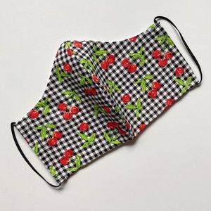 Gingham Plaid Cherry Print Fabric Face Mask